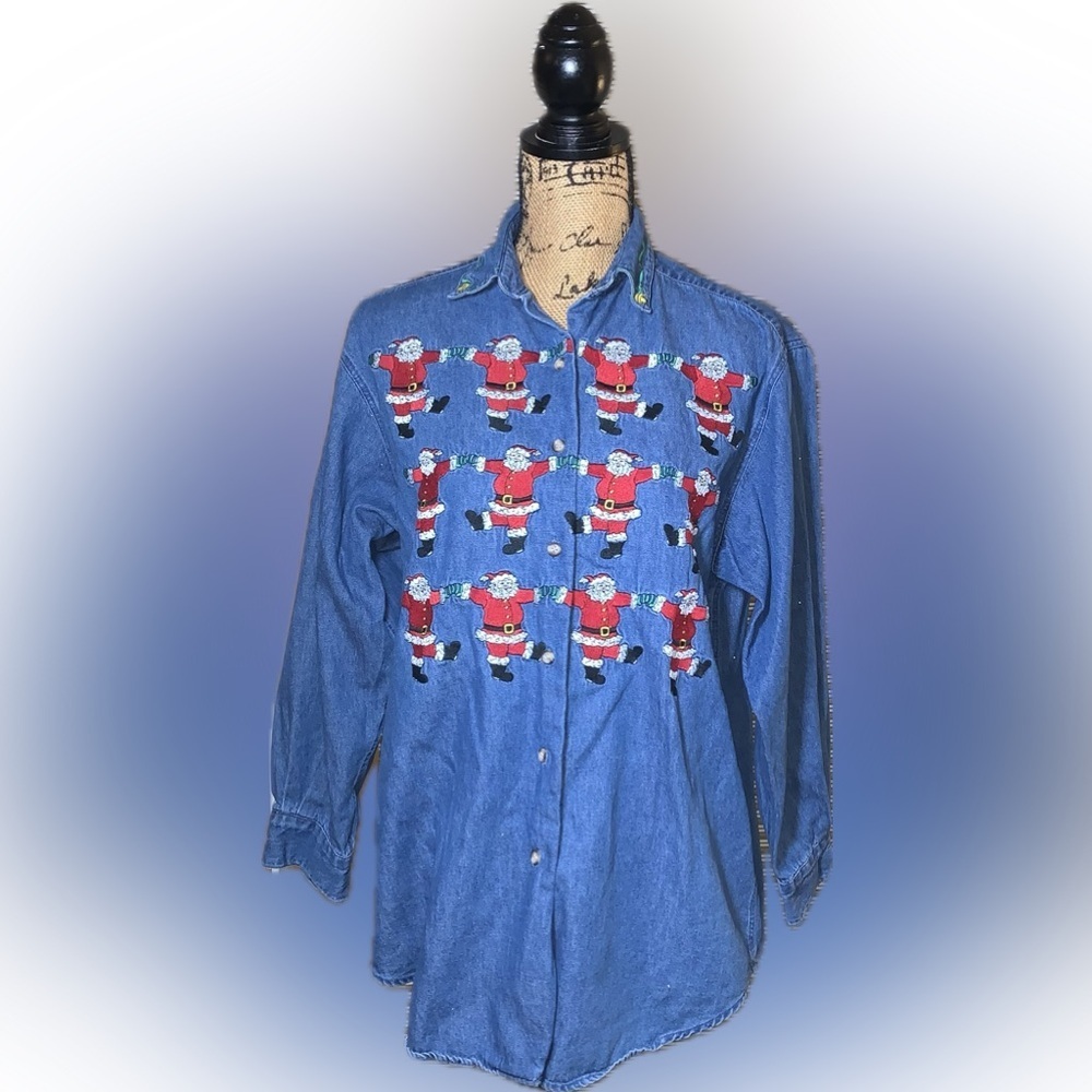 Vintage Embroidered Dancing Santa Oversized Baggy Denim Button Down Shirt S